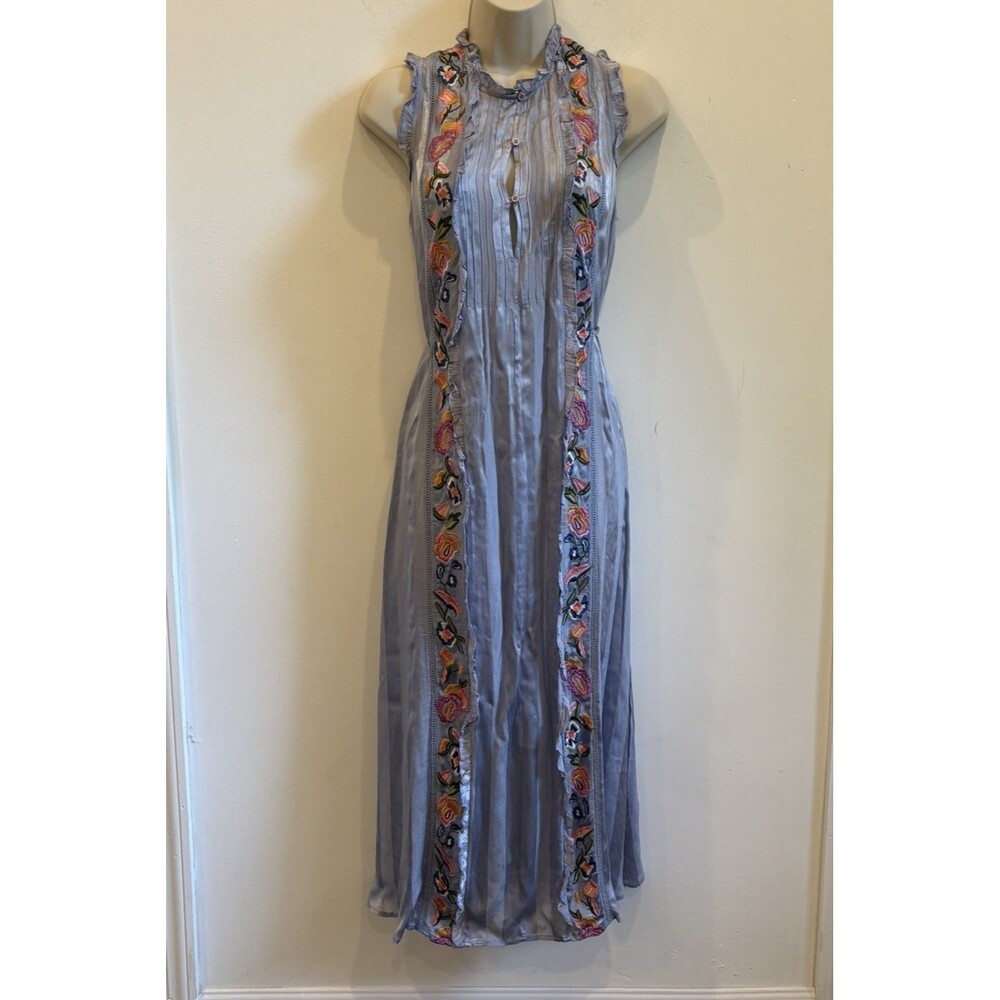 French Connection pastel Blue Sleeveless Maxi Dress Embroidered Sz 2 fairy peasa